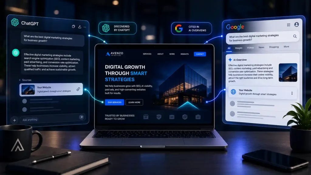 Avenzo Digital website shown as a source in ChatGPT and Google AI Overviews to illustrate how businesses can appear in AI search results.
