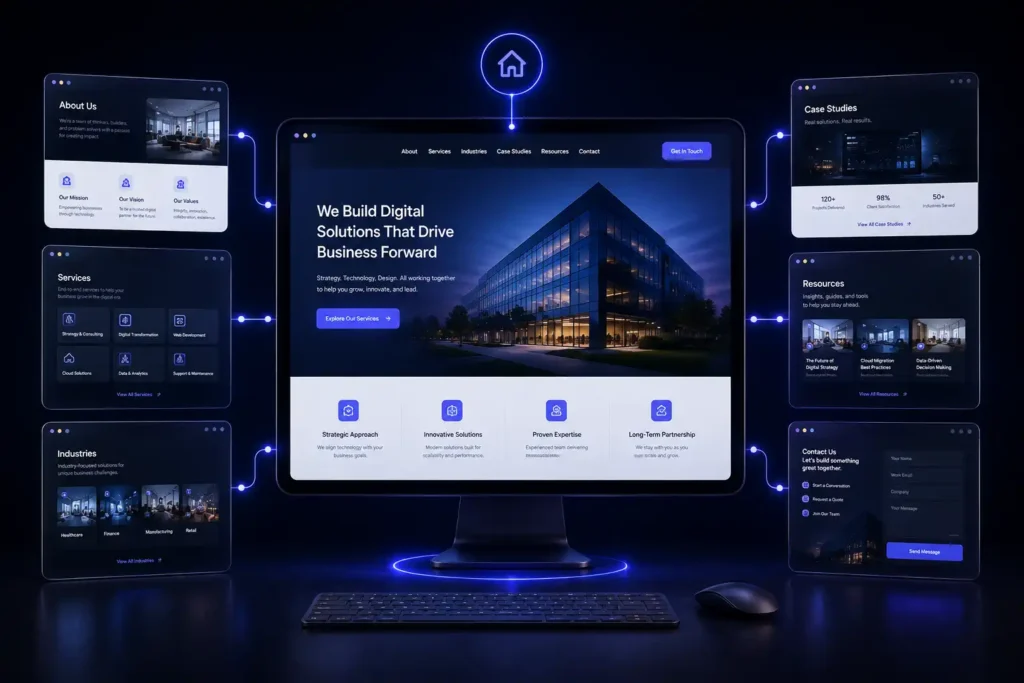 Corporate website pages displayed across connected desktop, laptop, and tablet screens