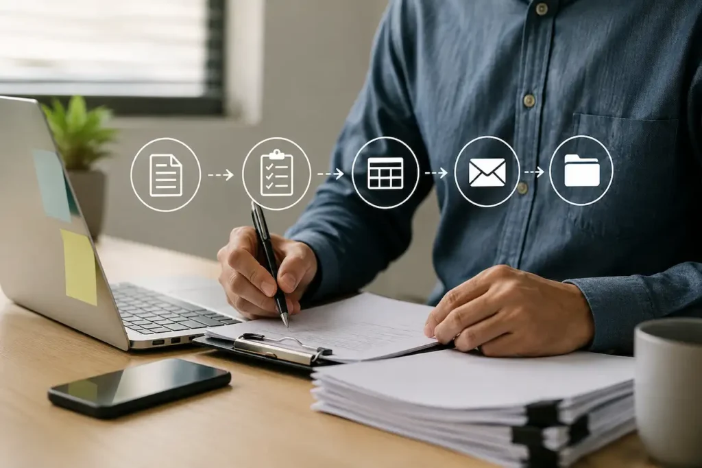 Manual website workflow with laptop, paperwork, and task process