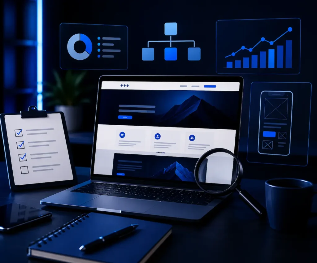 SEO website audit and analysis showing website performance metrics, search rankings, traffic growth, mobile optimization, and technical SEO review conversion focused website audit