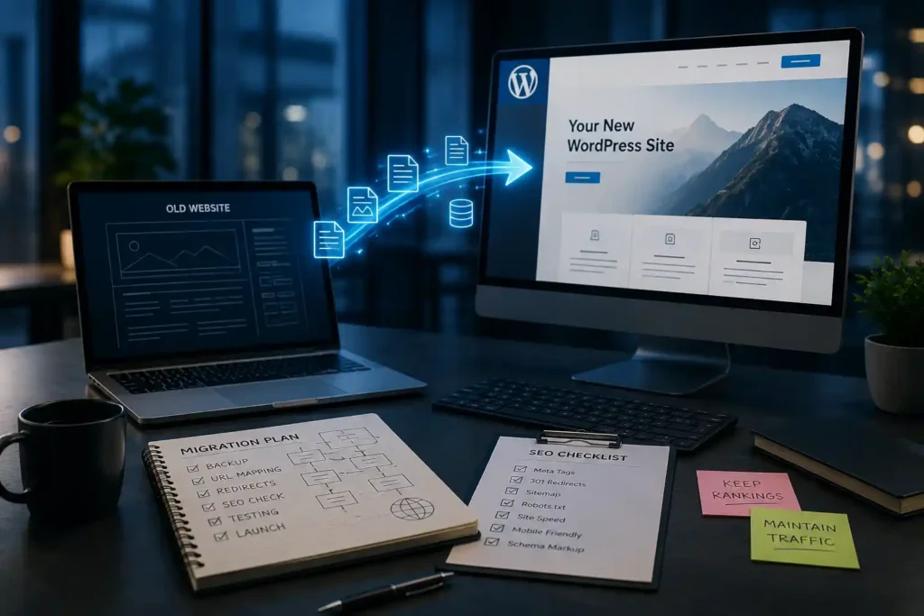 WordPress website migration planning with SEO strategy and website transfer process