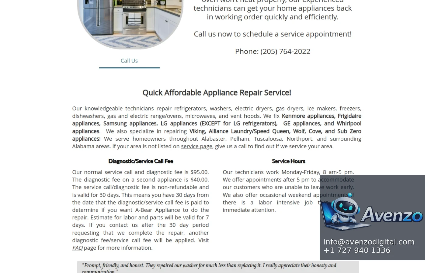 A-Bear Appliance Repair secondary website screenshot
