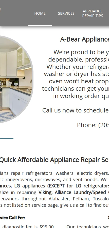 A-Bear Appliance Repair mobile website screenshot