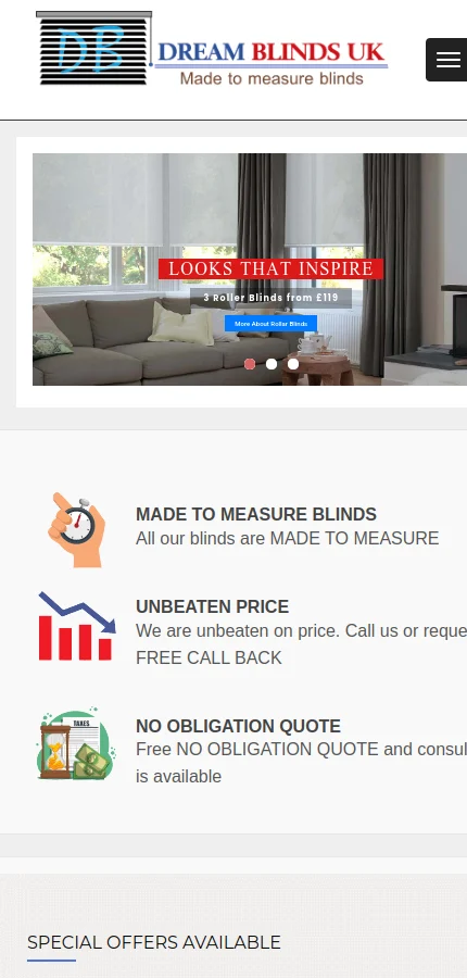 Dream Blinds UK mobile website screenshot