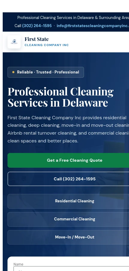 First State Cleaning Company mobile website screenshot
