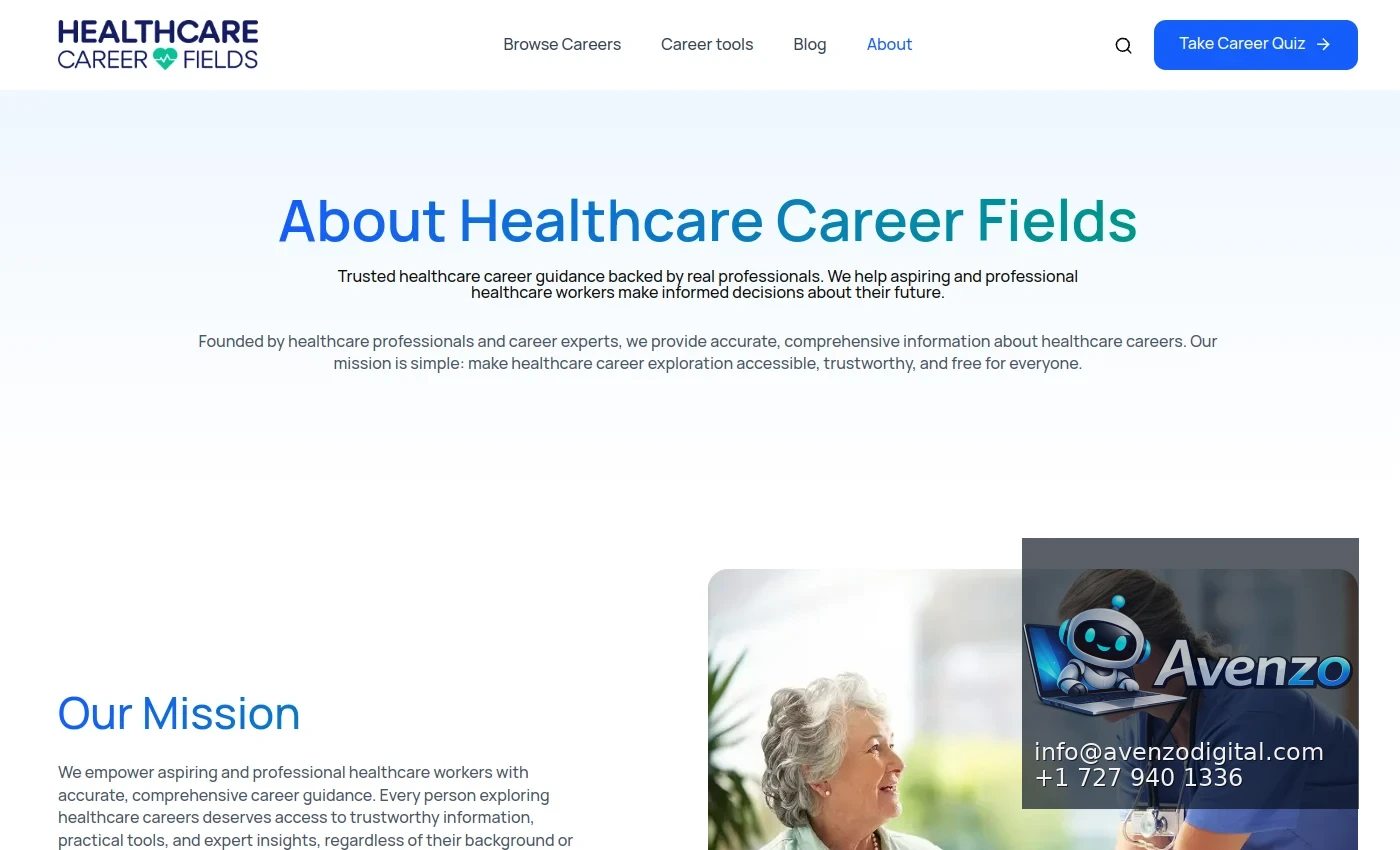 Healthcare Career Fields secondary website screenshot