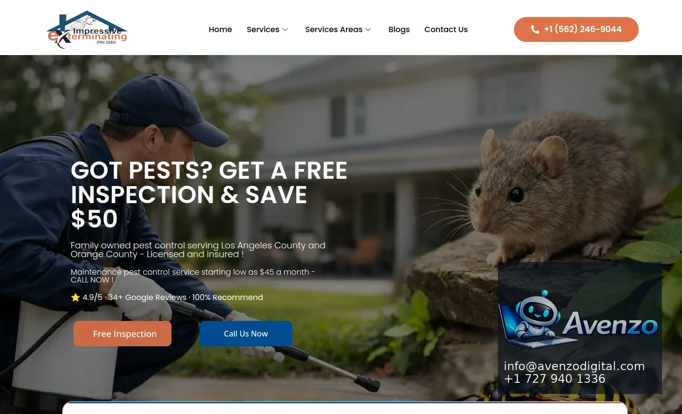 Impressive Exterminating Pest Control — Website Development Case Study Homepage website screenshot