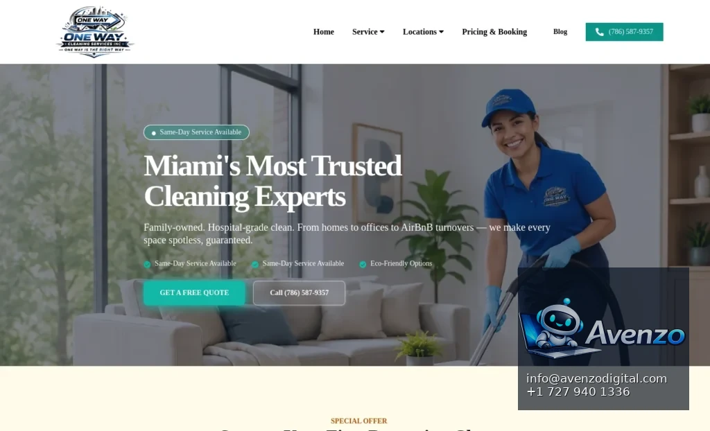 One Way Cleaning — Website Development Case Study Homepage website screenshot