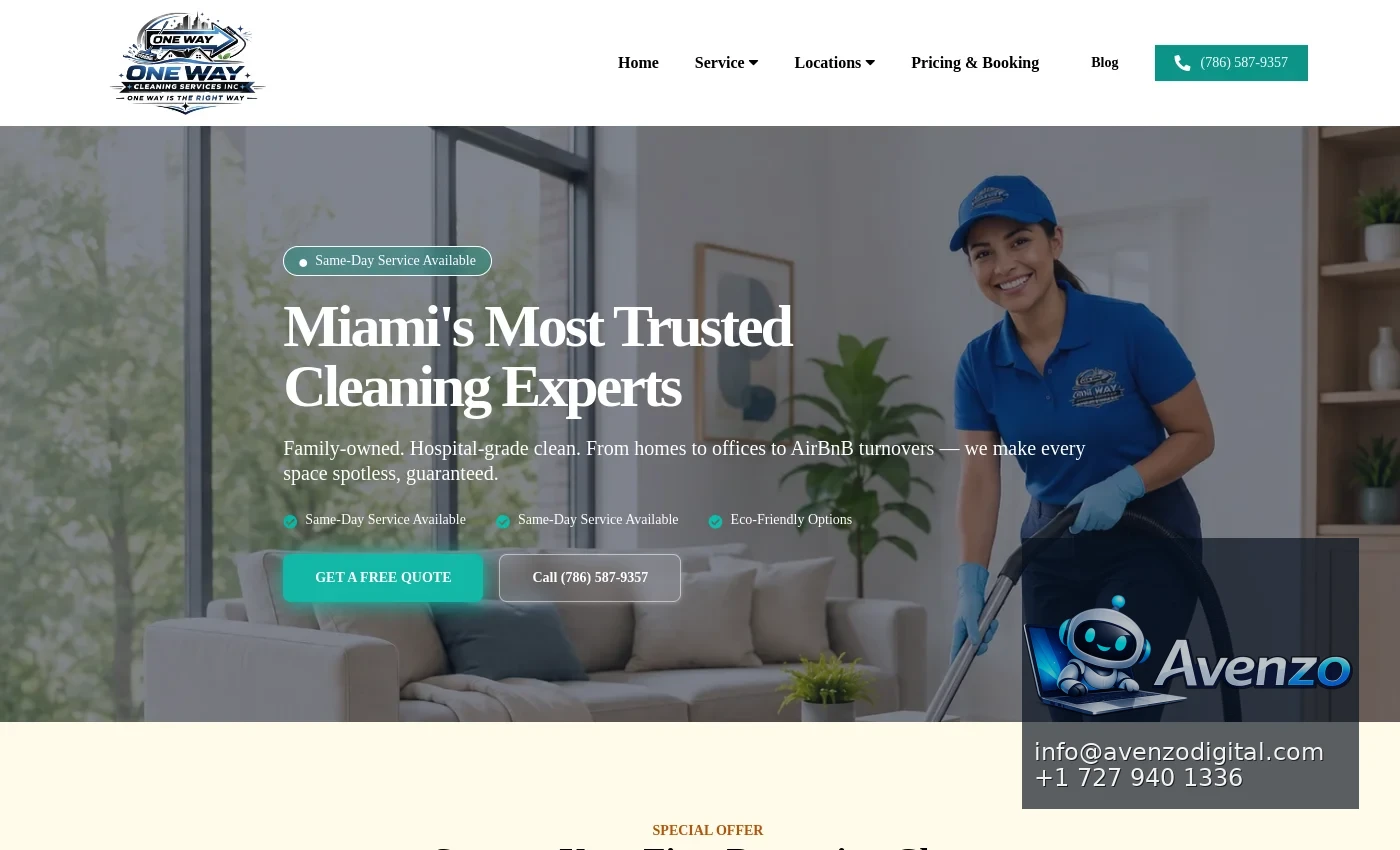 One Way Cleaning — Website Development Case Study Homepage website screenshot