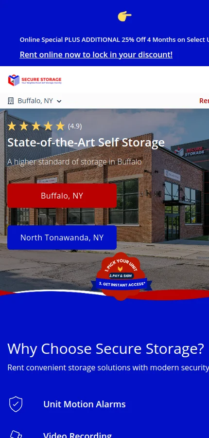 Secure Storage mobile website screenshot