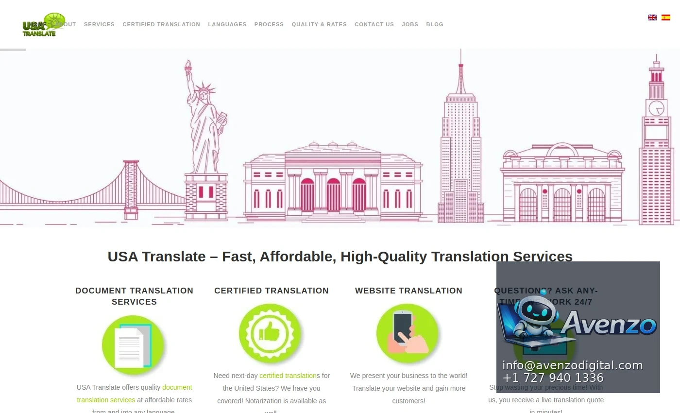 USA Translate — Website Development Case Study Homepage website screenshot